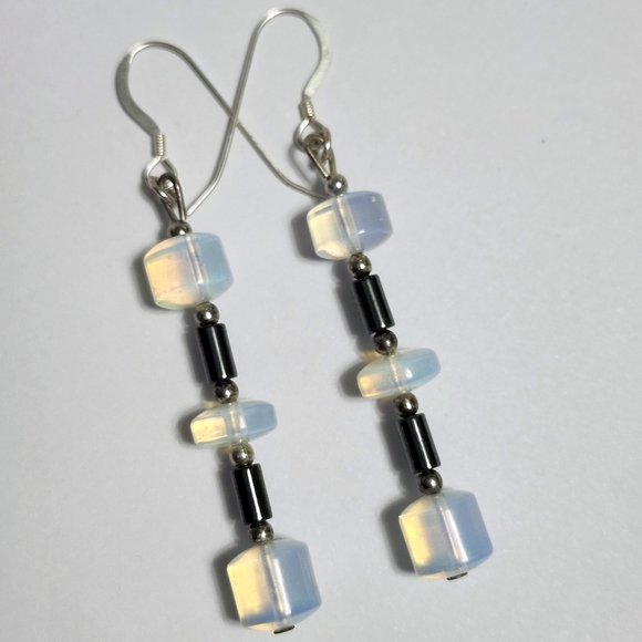 Silver Opalite Hematite earrings 2.25" - Picture 4 of 9